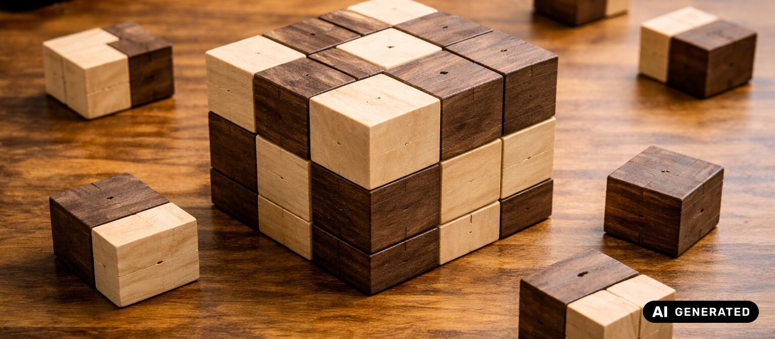 Wooden cube assemblies on a desk, one complete and several parts set beside it, AI-generated image